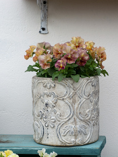 花盆陶盆欧式复古做旧浮雕，花纹粗陶花器浅灰色系列小花盆