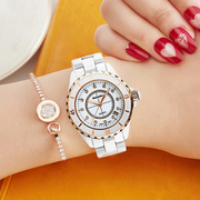 卡瑞达韩版陶瓷手表，女大表盘黑白色防水满钻女表时装表大气