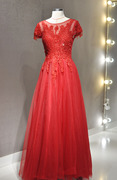 红色礼服二手圆领短袖水晶重工纱裙主持年会宴会成人礼结婚敬酒服