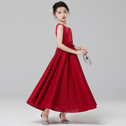 儿童红色礼服连衣裙女童无袖V领背心公主长裙子时尚长款演出服装
