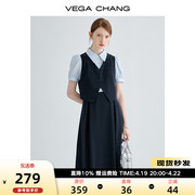 vegachang学院风连衣裙女2024夏显瘦气质假两件马甲背心长裙