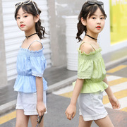 女童一字肩上衣露肩短袖套装灯笼袖韩版跨境休闲短裤两件套夏款潮