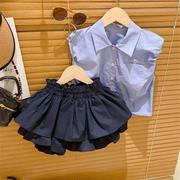女童洋气夏装套装2023韩版儿童短袖衬衫花苞短裙裤宝宝两件套
