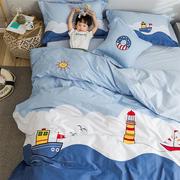地中海全棉贴布绣花卡通四件套男孩宿舍纯棉被套床单儿童床上用品