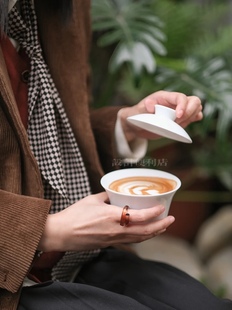 白色陶瓷盖碗咖啡杯竹编提篮白瓷，咖啡碗创意猪油白中式(白中式)盖杯茶碗