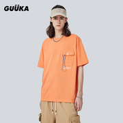 guuka山系橙色短袖重磅t恤男纯棉，夏季水洗做旧贴袋落肩五分袖宽松