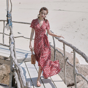 奈良波西米亚三亚沙滩裙2024复古碎花长裙海边度假裙红色连衣裙夏