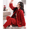 红色珊瑚绒夹棉睡衣女士三层保暖加厚加绒秋冬季法兰绒棉袄家居服