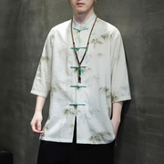 中国风男装夏季薄款竹叶，印花短袖衬衫，新中式唐装宽松大码中袖衬衣