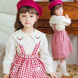 韩国童装2022秋款儿童长袖衬衫翻领刺绣雪纺衫可爱女童娃娃衫上衣