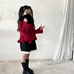 韩系女童毛球流苏针织开衫酒红氛围感宝宝水貂绒毛衣2023年春款