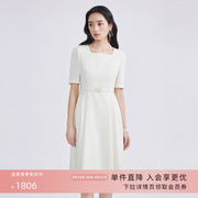 lime莱茵24年春夏方领连衣裙，米白色优雅通勤收腰时尚职业裙子