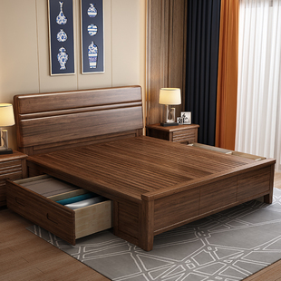 双虎家私现代简约实木床，1.2米单人床胡桃木家用新中式1.8带抽