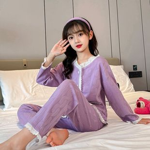 长袖女童睡衣套装春秋季韩版女孩家居服开衫花边中大童空调服