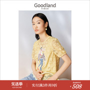 goodland美地女装夏季花朵蕾丝，衬衫时尚短袖兔子绣花上衣