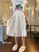 智研 韩国进口春夏高级感垂感褶皱雪纺拼接纯洁白色松紧腰半身裙