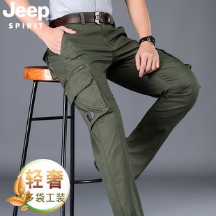 jeep吉普男士工装裤加绒宽松直筒军，绿色多口袋，冬季厚款休闲长裤子