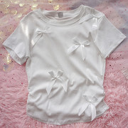 甜美蝴蝶结粉色短袖t恤女夏季ins设计感小众，修身短款减龄收腰上衣