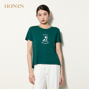 HONRN/红人绿色休闲宽松刺绣薄款圆领套头短袖正肩t恤上衣女夏季