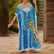 2024夏季泰国巴厘岛欧美豹纹沙滩连衣裙子女大码海边度假长袍