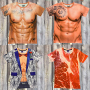 创意搞笑肌肉男t恤3D纹身衣服立体图案个性假68块腹胸肌短袖t恤潮
