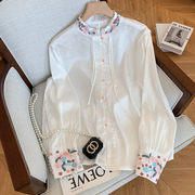 新中式白色立领衬衫女装春季国风盘扣绣花衬衣设计感长袖上衣