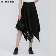 sdeer圣迪奥女夏季半身裙气质高级感蕾丝不规则，黑色长裙s21281114