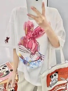 国潮牌白色兔子短袖t恤女春夏季宽松设计感小众独特别致上衣