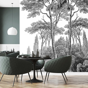 艺速简约现代沙发背景，餐厅卧室壁纸丛林黑白，植物定制壁画林云
