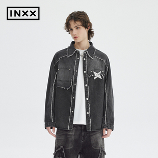 inxxstandby美式做旧牛仔衬衫，外套男设计感毛边拼接宽松衬衣