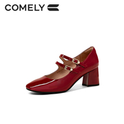 康莉2023年春季复古玛丽珍鞋红色珍珠漆皮高跟鞋粗跟单鞋女