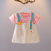夏季女宝宝洋气背带，裙1-3岁女童条纹连衣裙，韩版2婴儿短袖裙子