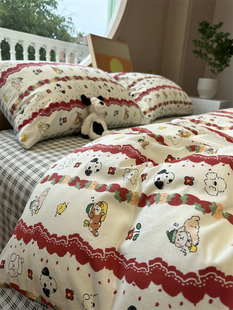 韩系卡通草莓狗狗条纹床上四件套，可爱全棉纯棉1.5m1.8米宿舍被套