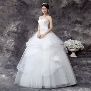 新娘礼服 修身白色抹胸缎带韩式婚纱 显瘦齐地绑带婚纱