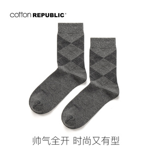 Cotton Republic/棉花共和国男棉袜保暖中筒经典灰菱形格秋冬