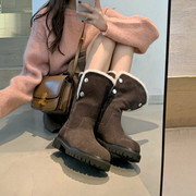 韩版简约风两穿真皮中筒雪地，靴女2023年冬季羊毛保暖加绒棉靴