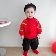 婴儿红色卫衣套装加绒秋冬装，幼童男宝宝中国风，上衣长裤周岁拜年服