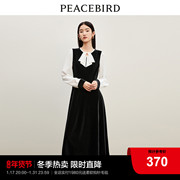 太平鸟气质拼接连衣裙，2023年冬季法式复古收腰丝绒，长裙女士