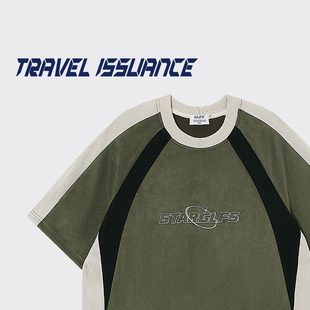 travelissuance欧美刺绣字母，设计拼接撞色宽松麂皮，绒短袖t恤潮
