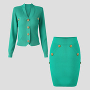 法式小众设计感名媛，绿色针织开衫金属，扣包臀半身裙修身两件套2024