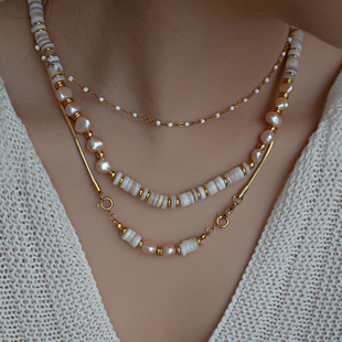原创白茶淡水珍珠项链，女款2024天然贝壳，锁骨链夏季叠戴颈链