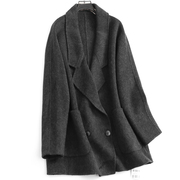 V891纯色宽松双排扣口袋西装领双面绒冬季长袖毛呢外套女大衣