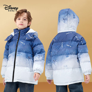 迪士尼冬装男童渐变加厚中长款羽绒服，带帽儿童白鸭绒(白鸭绒)外套可爱卡通