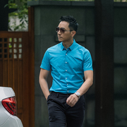 夏季男士衬衫衬衣湖蓝色修身半袖休闲纯色短袖衬衫