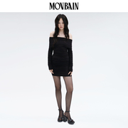 MOVBAIN2023秋季一字肩抽皱设计高弹针织连衣裙 黑色紧身裙