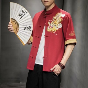 中国风撞色盘扣中袖唐装男夏季中式复古龙纹，刺绣宽松五分短袖衬衫