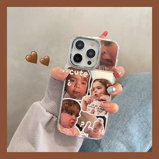 欧美可爱女孩表情插画适用苹果iphone15pro手机壳14带镜子13promax创意1211高级感小众max镜面补妆保护套