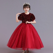 圣诞节女童网纱蓬蓬长裙公主，裙主持演出礼服，晚宴红色短袖连衣裙