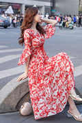 SNICYKER红色碎花雪纺连衣裙女法式小众洋气显瘦气质长款裙子夏季