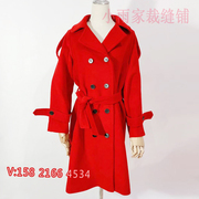 女士战袍红色羊绒大衣高级定制大翻领双排扣冬季保暖女外套料子软